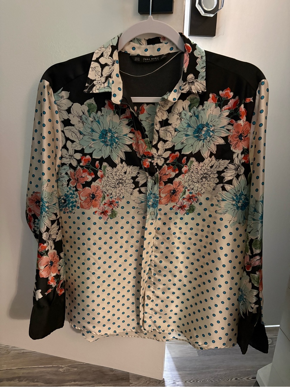 ZARA Women’s Floral Polka Dot Satin Button-Up Blouse - Black & Cream